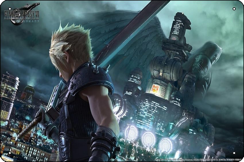 FFVII Remake Classic Cloud Setpiece Póster de 8 x 12 pulgadas, divertido letrero de metal para sala de juegos, decoración de pared de cueva de hombre