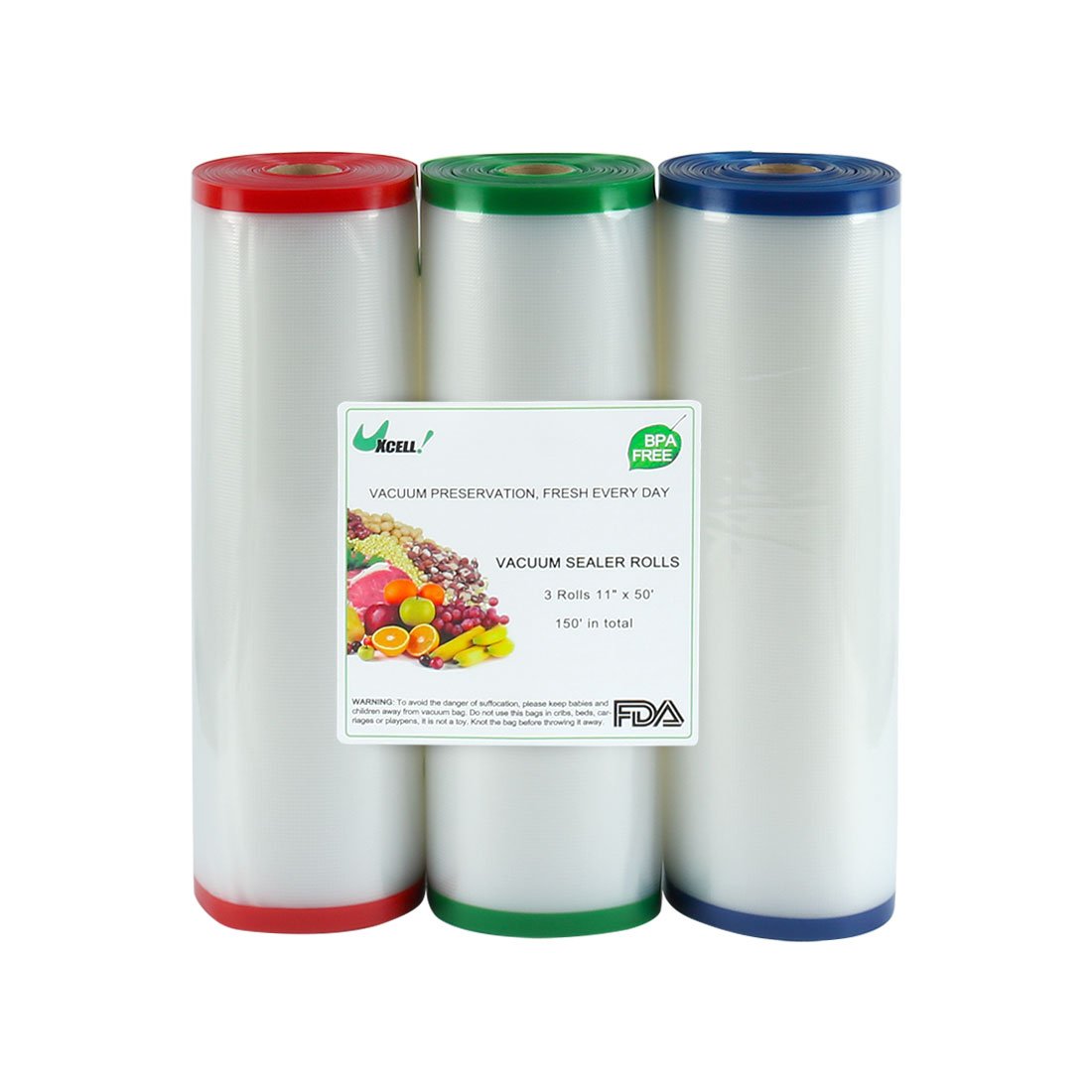 Ruilogod 3 rollos de bolsas selladoras al vacío para verduras, carne, alimentos, soporte de almacenamiento de 4 mil texturizado, para el hogar, cocina, 11 pulgadas x 50 pies
