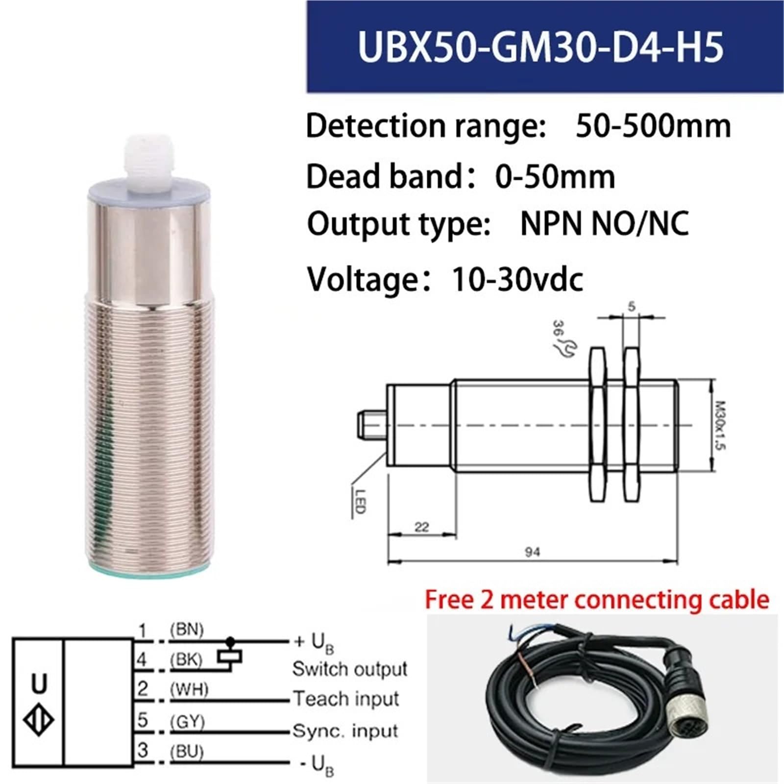 Sensor ultrasónico GM30 CC: 10-30 V, 25 kHz, Rango de detección: 500 mm, NPN, NO, NC, PNP, NO, NC, 0-10 V, 4-20 mA(500MM NPN NO NC)