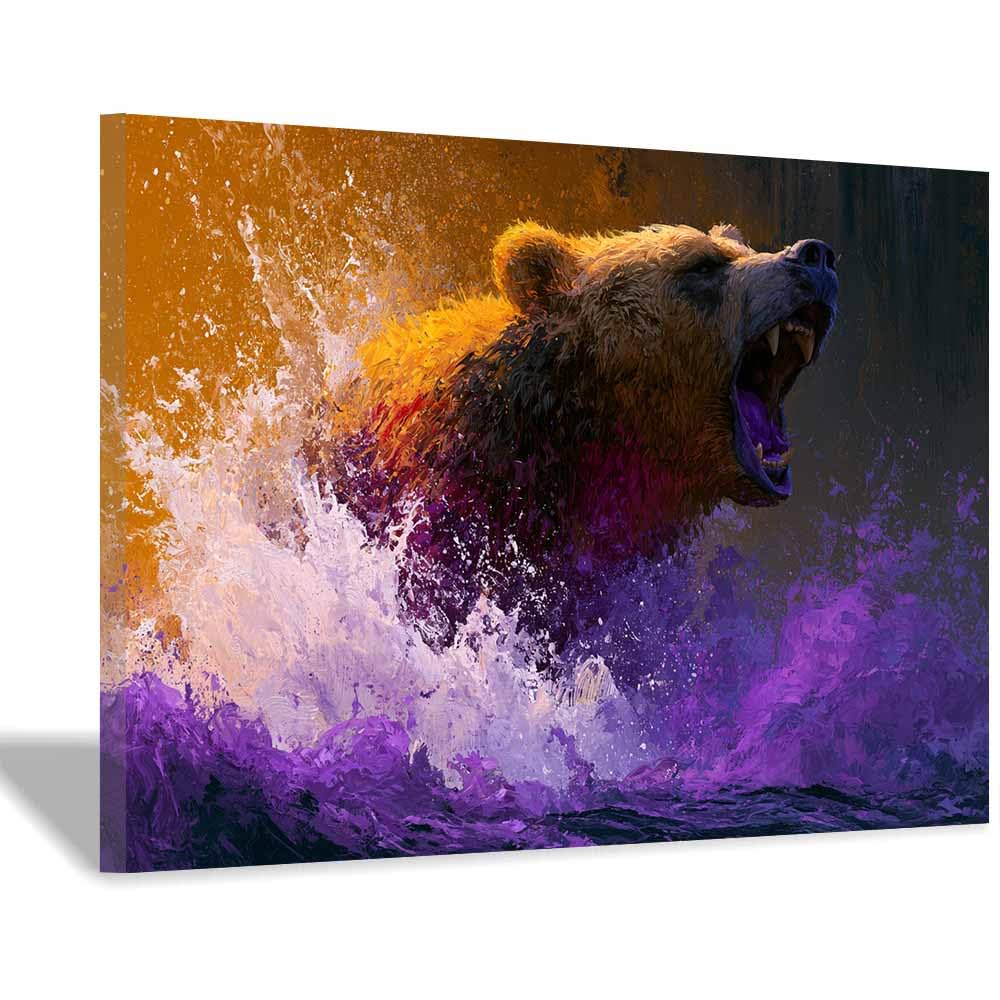 PUQAAEO Wall Art Painting Grizzly Bear Prints On Canvas Wild Roaring Bear Art Animal Pictures Wall Art for Home Cabin Decoration Rustic Farmhouse Decor(Multicolor)-60x90cm Framed