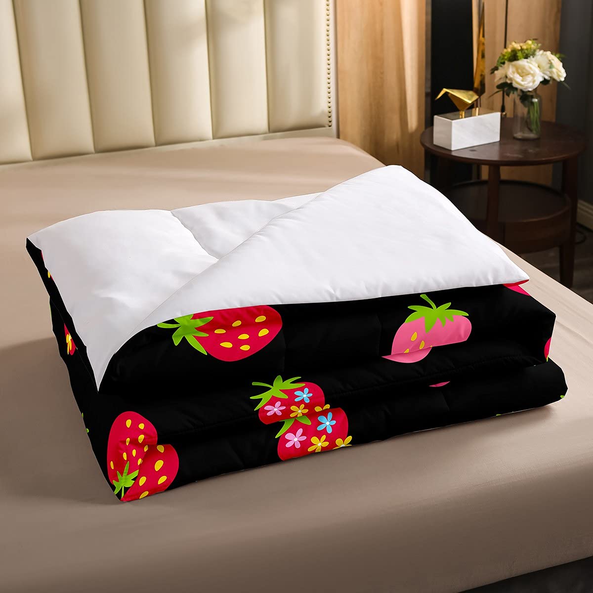 Loussiesd, Parure di lenzuola per letto singolo rosa, motivo con fragole, stile Kawaii, per bambine e ragazze, morbidissime e carine, con lenzuolo di sopra, lenzuolo con angoli e federa