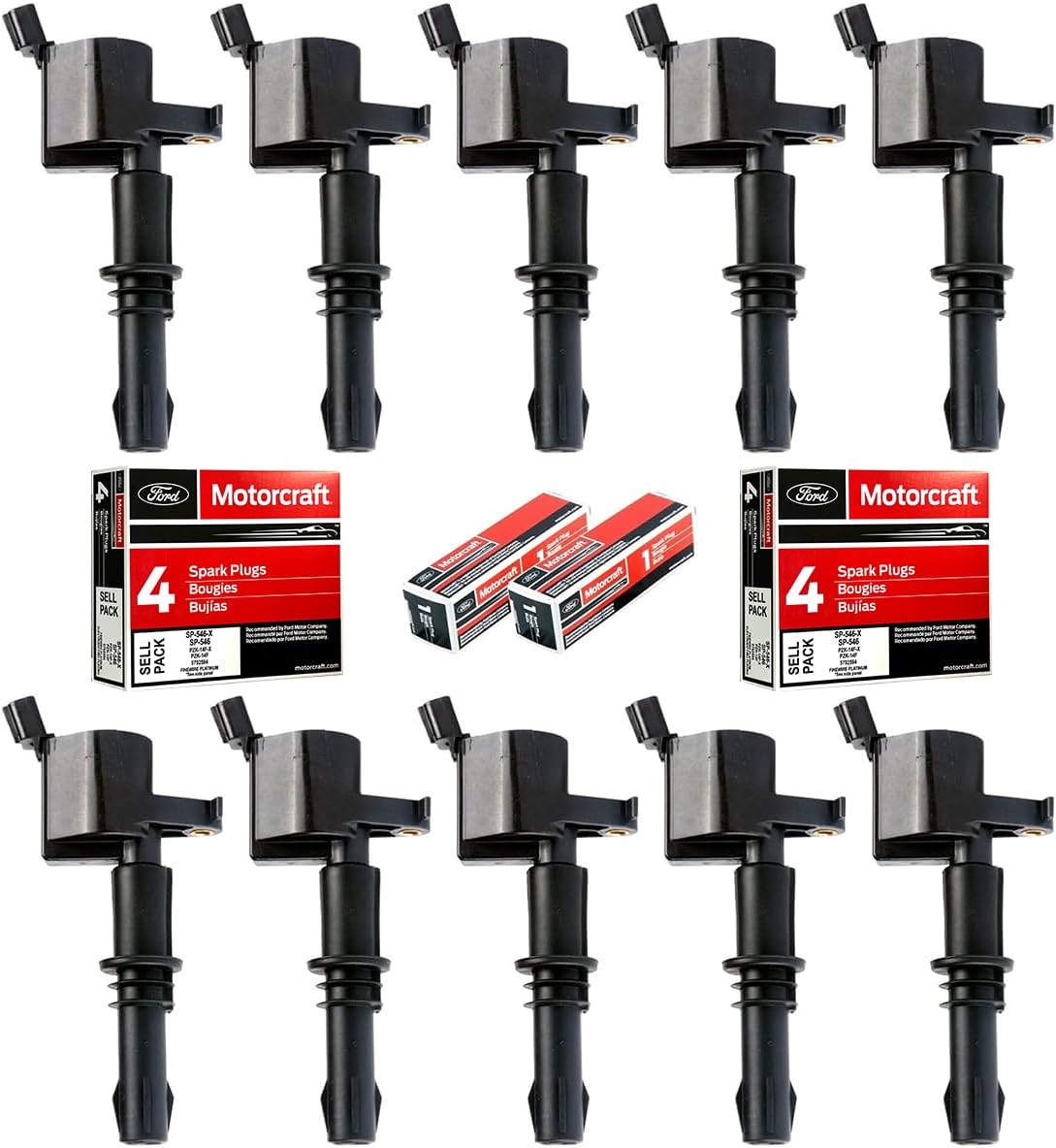 Set of 10 Straight Boot Ignition Coil Pack DG511 & Platinum Spark Plug SP546 SP515 Compatible with Ford F250 F350 F450 F550 Super Duty 6.8L V10 Replacement for 3L3E12A366CA 5C1584 C1541