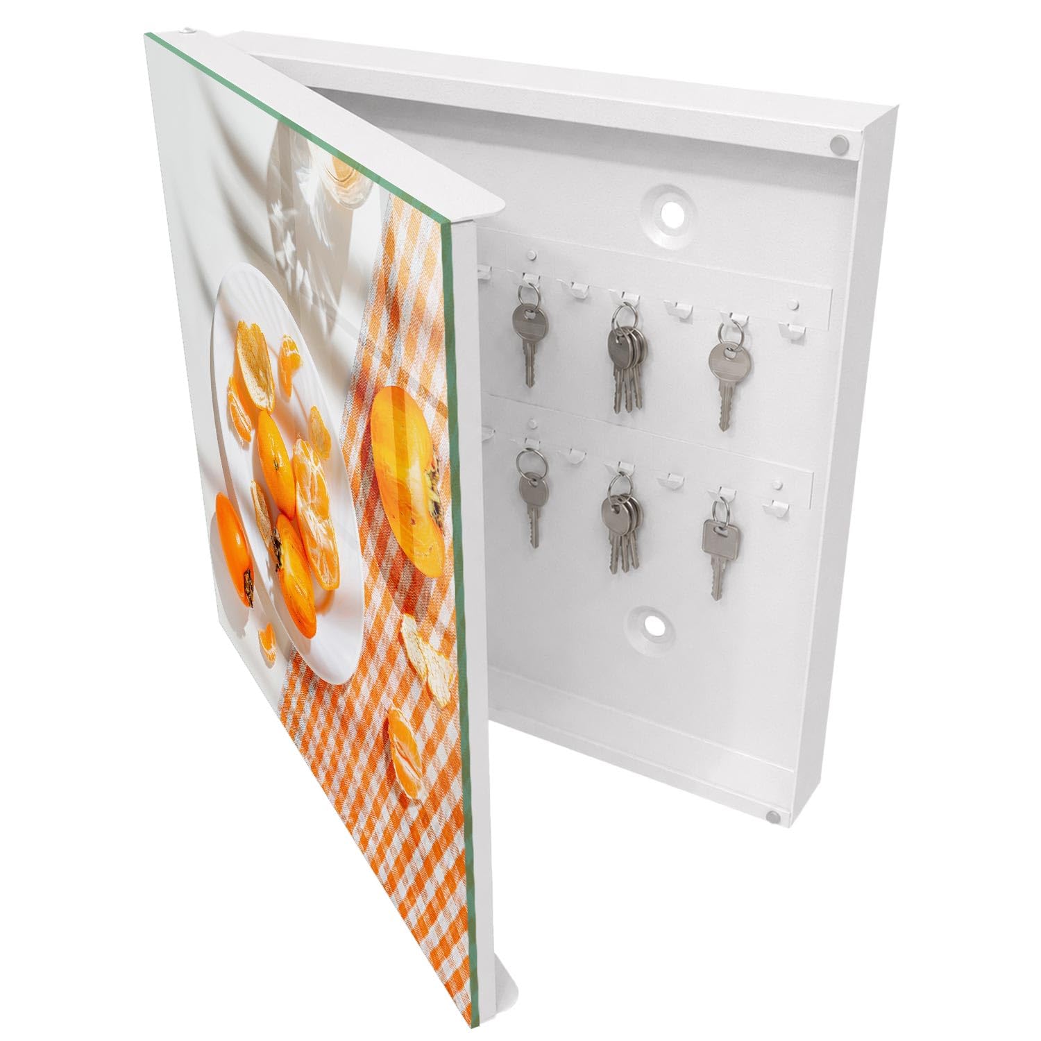 Armadietto Portachiavi 30x30 cm | Bianco | A Sinistra | Montaggio a Parete | Frutta succosa | in Metallo | Frontale Decorativo in Vetro Temperato | Tasselli e Viti Inclusi | per Uffici