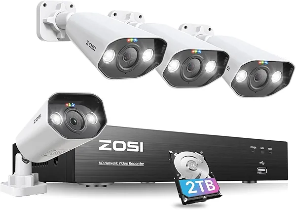 ZOSI 8CH 4K Spotlight Home PoE Security Camera System,8 Ports 16CH 8MP NVR with 2TB HDD,4 x 5MP Outdoor PoE IP Cameras,Person Vehicle Detection,2-Way Audio,Night Vision,Sound Alarm,for 24-7 