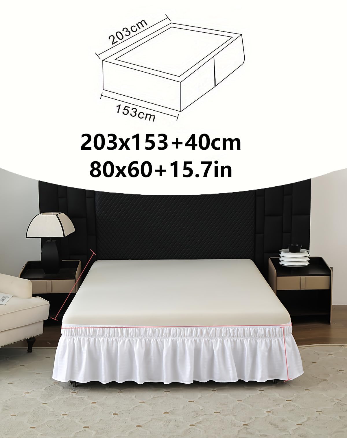 Gonna da Letto,203*153*40 cm,Gonna da letto con volant,Gonna da Letto Elasticizzata,Elastico Avvolgente mantovane Giroletto,Gonna da Letto con volant antipolvere,con orlo,adatto per letto matrimoniale