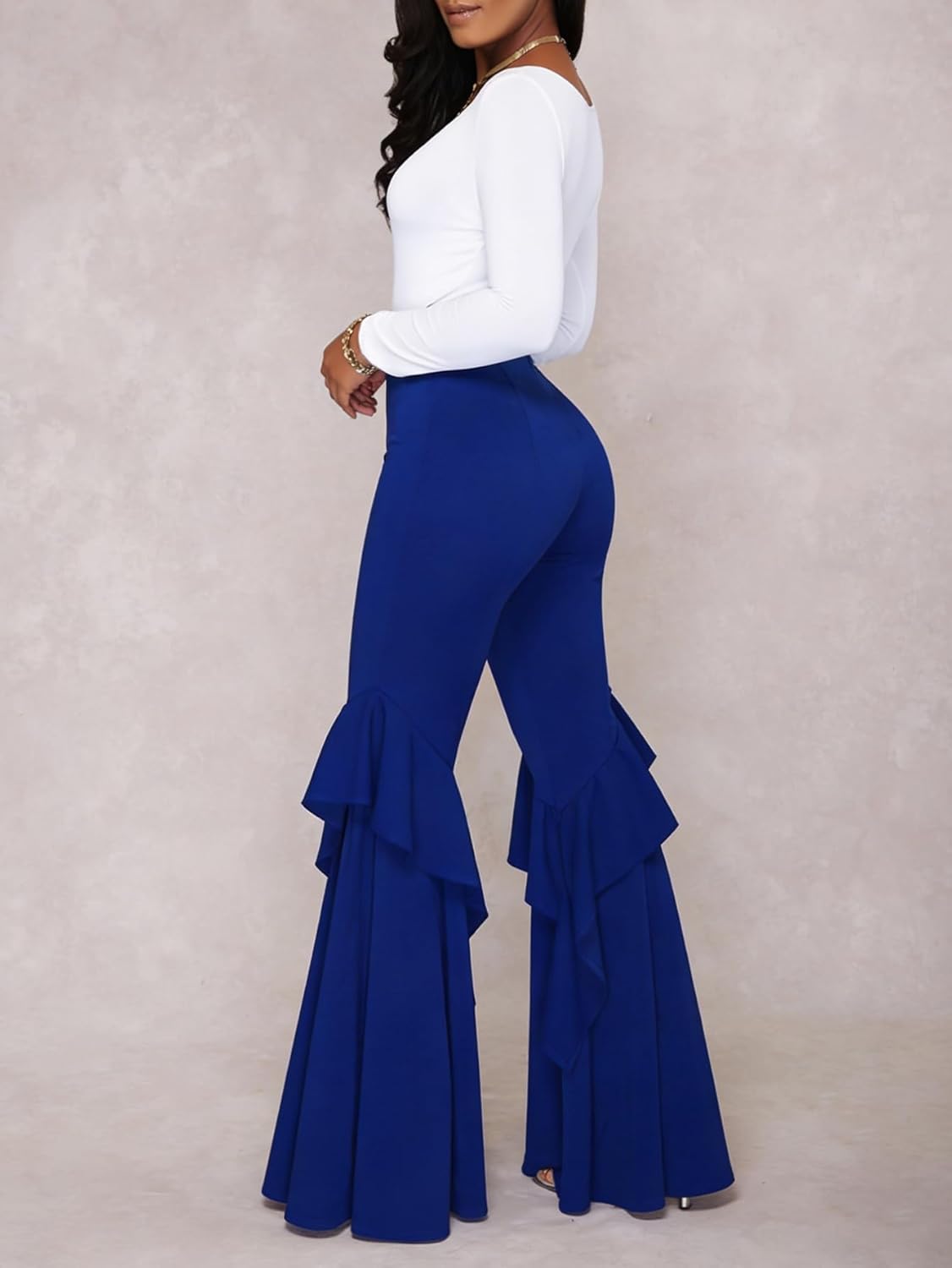 GUOLEZEEV Womens High Waisted Ruffle Flare Fit Pants Solid Color Wide Leg Trousers