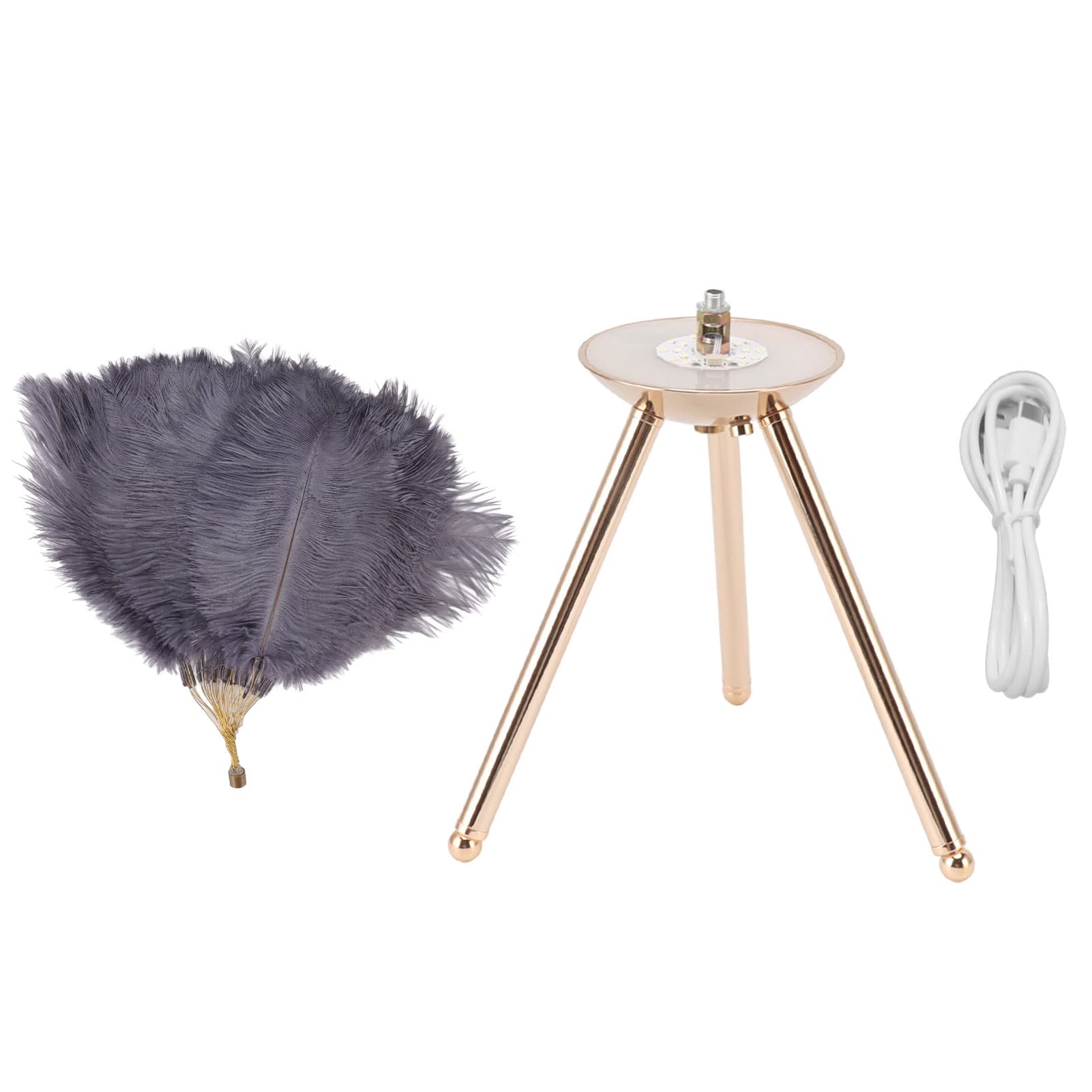 Feather Table Lamp USB Rechargeable Ostrich Feather Desk Light with Gold Tripod for Bedroom 40Pcs Artificial Feather,Infinitely Dimmable LED Night Light Table Light Bedside Lamps (Grey)