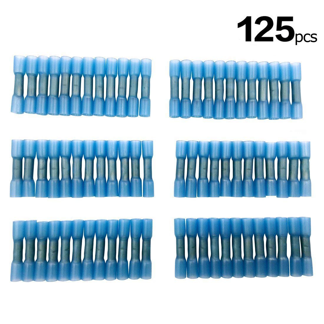 Sopoby 125pcs Heat Shrink Butt Connectors, Electrical Insulated Wire Connectors, Waterproof Marine Automotive Crimp Terminals Kit, 16-14GA Copper, Blue