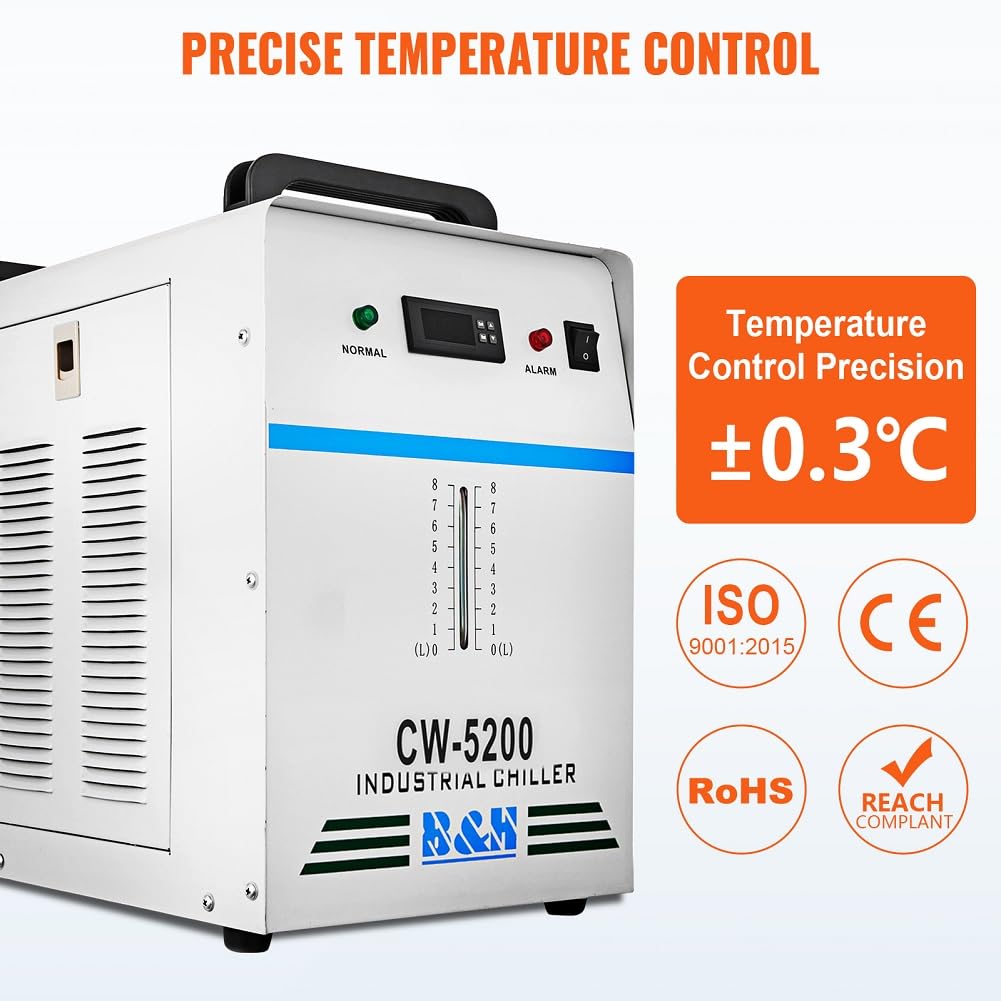 Enfriador de Agua Refrigerado Industrial 220V CW-5200DG para Tubo Láser de CO2 130/150W, Enfriador de Tubo Láser de Vidrio CO2 con Termostato Preciso, Tanque de Enfriamiento de 6L 1400W(CW-5200)