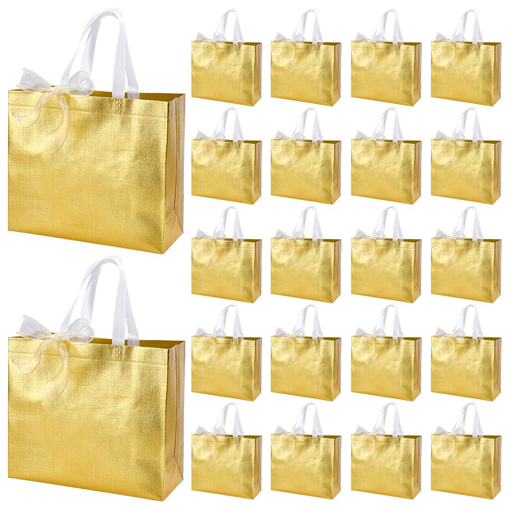 PH PandaHall Lot de 36 grands sacs cadeaux réutilisables en tissu non tissé avec ruban pour invités, fête, mariage, anniversaire, Saint-Valentin - 33,8 x 30,5 x 11,9 cm - Doré brillant