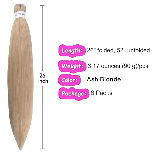 Miniatura 7 de Cabello trenzado rubio ceniza preestirado sin nudos, extensiones de cabello sintético falso para trenzar (paquete de 6)