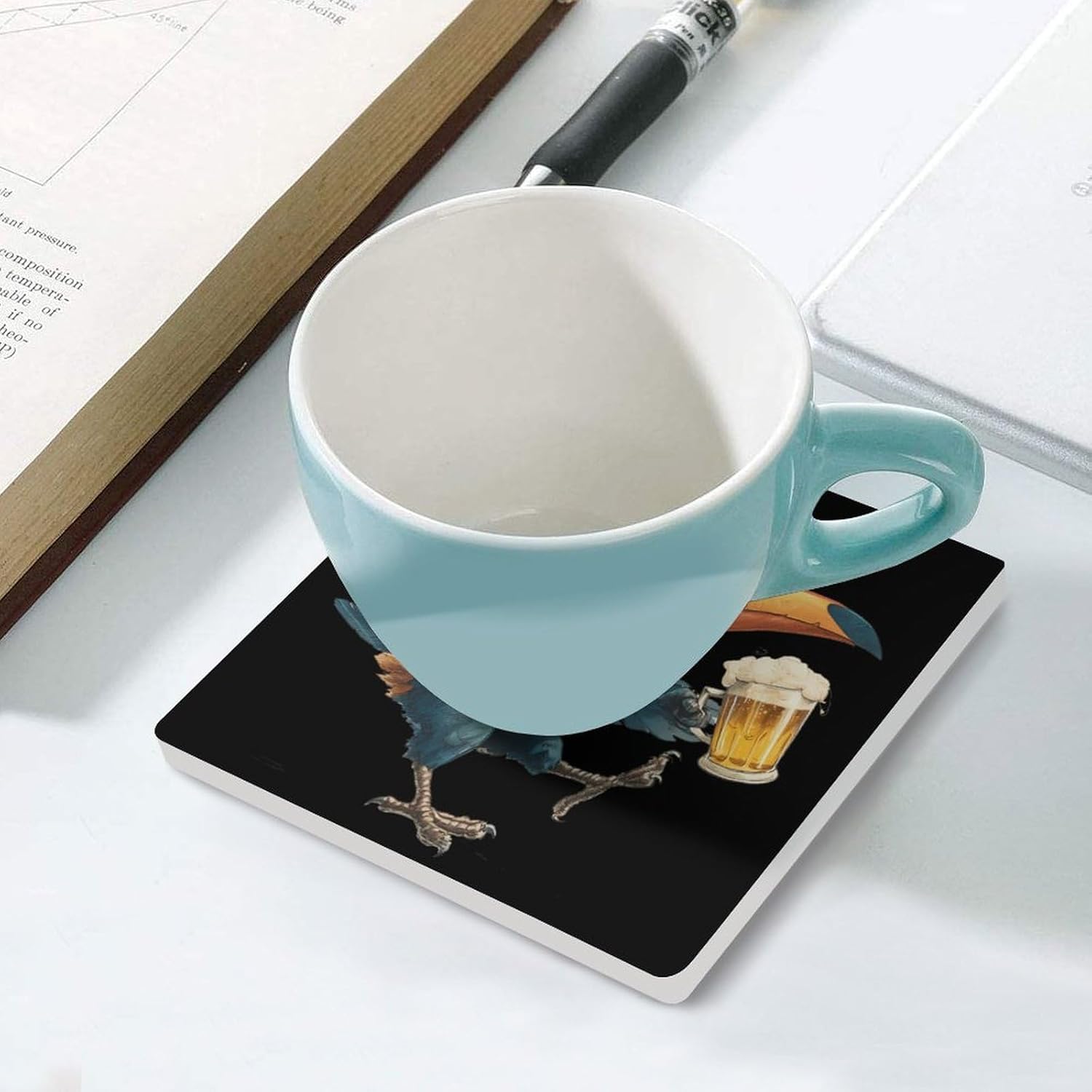 Toucan Beer Drinking Bird Coaster for Drinks Square Ceramic Table Coasters Stone Mat Crafts 6PCS Home Kitchen Decor