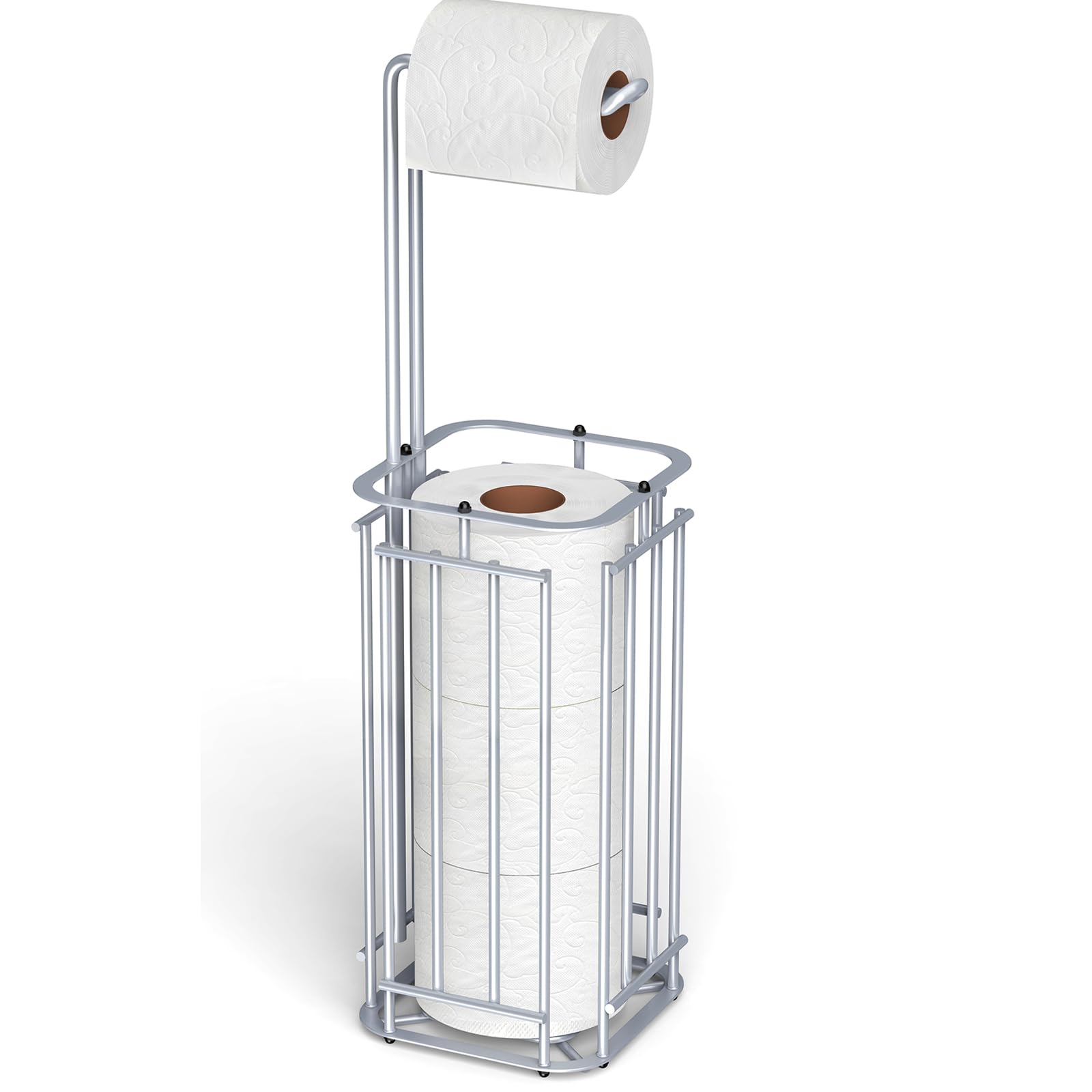 Meangood Porta carta igienica, dispenser quadrato per rotolo di carta, per 4 rotoli grandi, autoportante, per bagno, porta rotolo di carta igienica (argento)