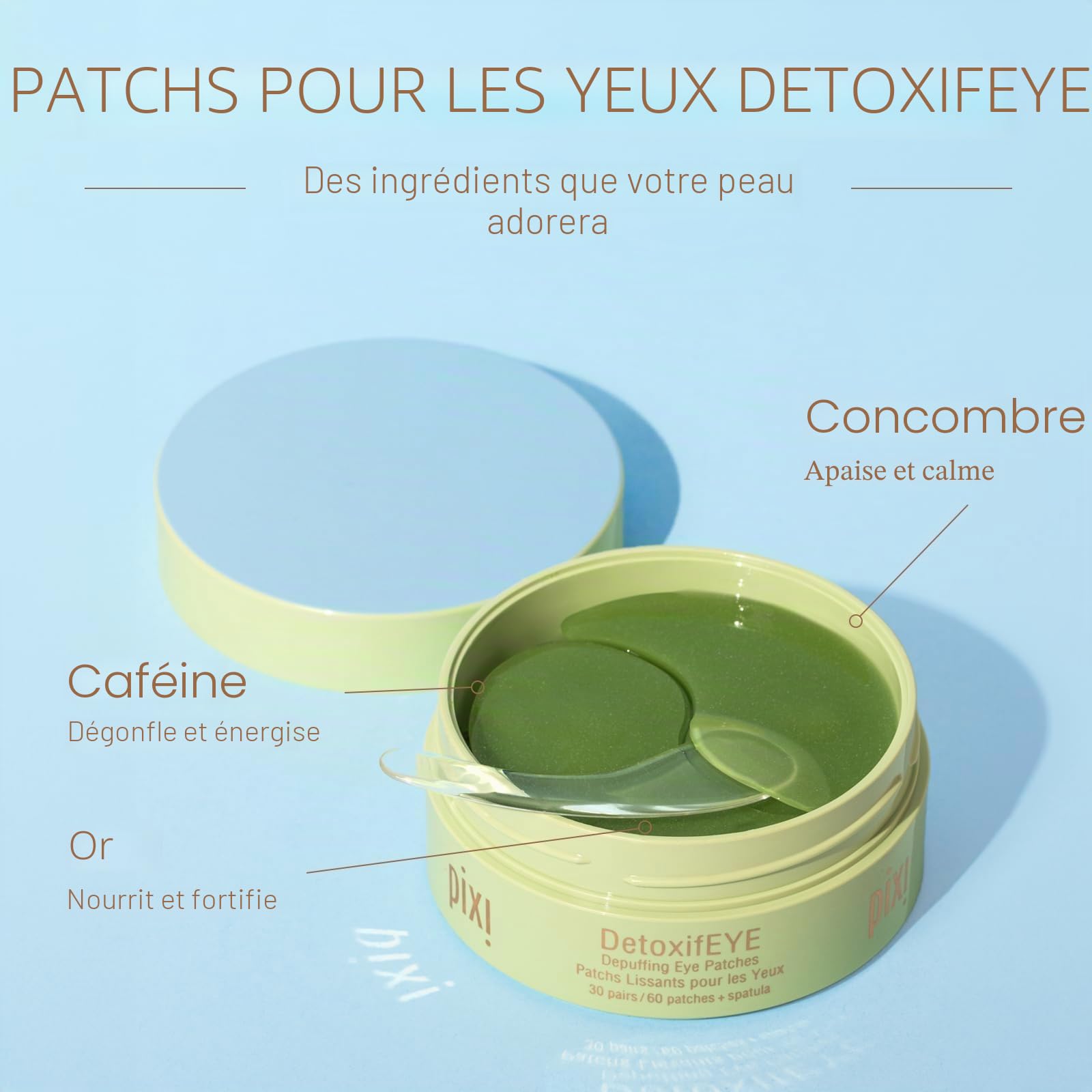 Pixi Beauty DetoxifEYE Eye Patches | Patchs Yeux à l’Acide Hyaluronique, Caféine, Concombre et Or | Patchs Hydrogel Défatigants et Hydratants | 30 Paires / 60 Patchs