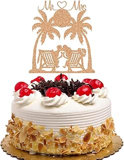 Mr & Mrs Wedding Cake Topper, The Groom Kissing Bride Sit on Chair, Hawaii Beach Sunrise and Sunset Wedding Party Decorations Travel Party, Rose Gold Glitter