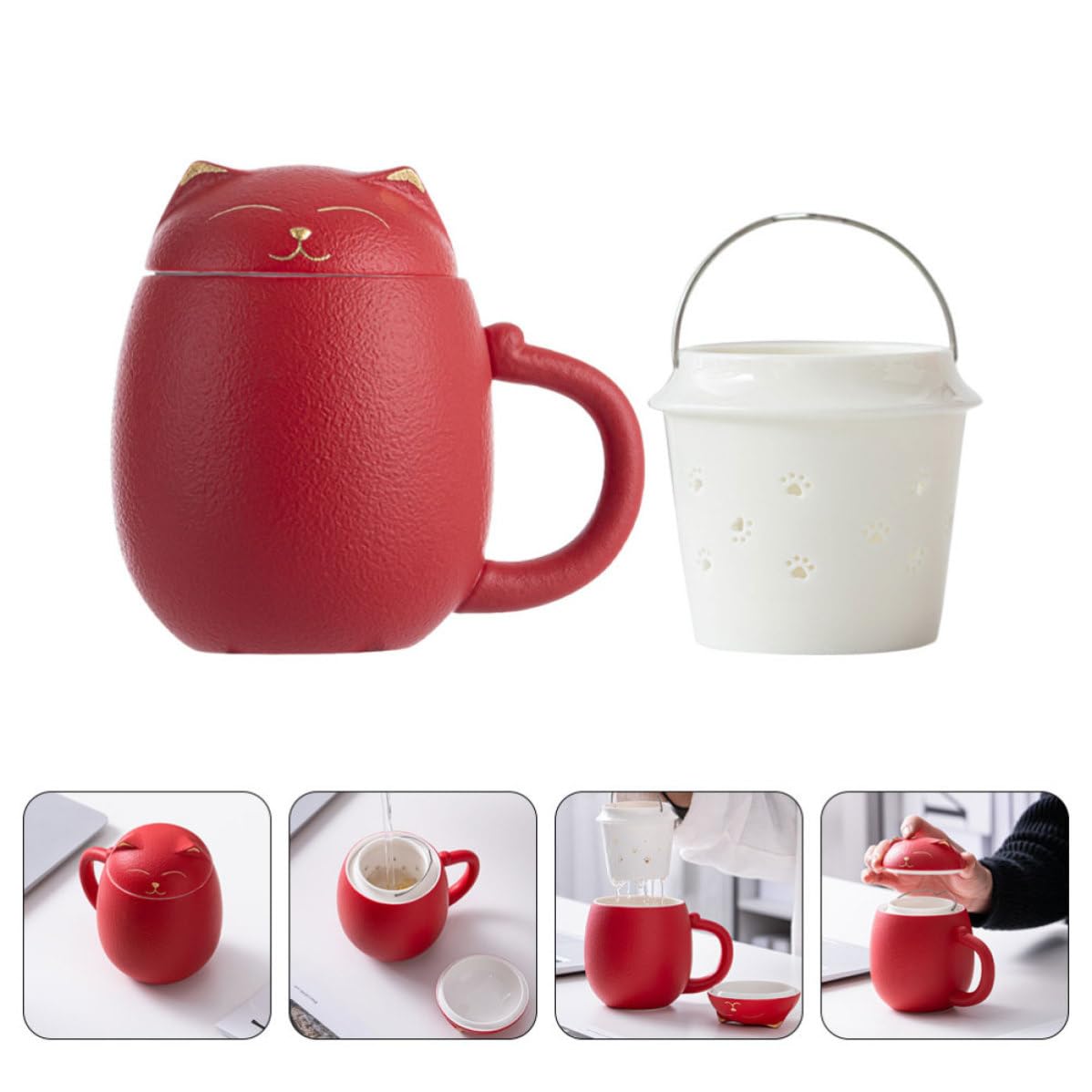 Mug en Céramique 400ml avec Couvercle et Filtre Infuseur, Tasse à Thé et Lait pour Bureau et Boutique de Desserts