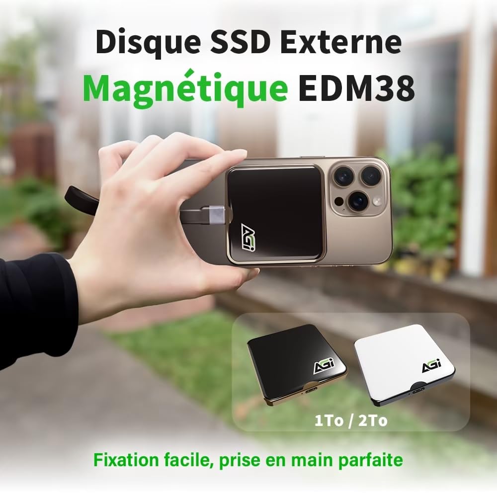 AGI EDM38 2 to SSD Externe Portable Magnétique USB 3.2 Blanc pour PC