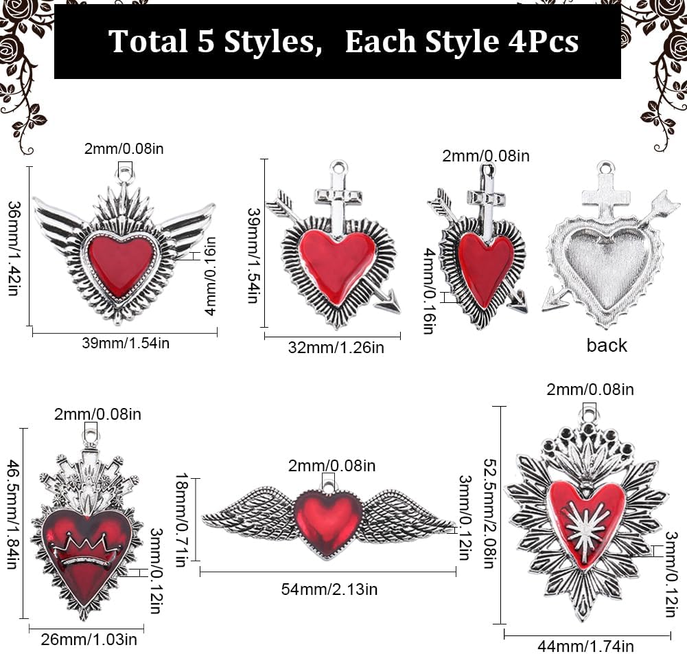 SUNNYCLUE 1 Box 20Pcs Gothic Heart Charm Silver Heart Enamel Charms Bulk Vintage Love Red Sacred Heart Mexican Milagro Halloween Charms for Jewelry Making Charm Valentine's Day Earrings DIY Crafts