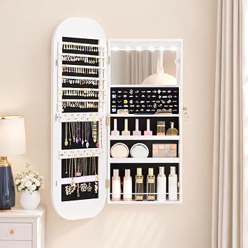 LVSOMT Mirror Jewelry Cabinet, Wall/Door Jewelry Organizer, 16 W, White