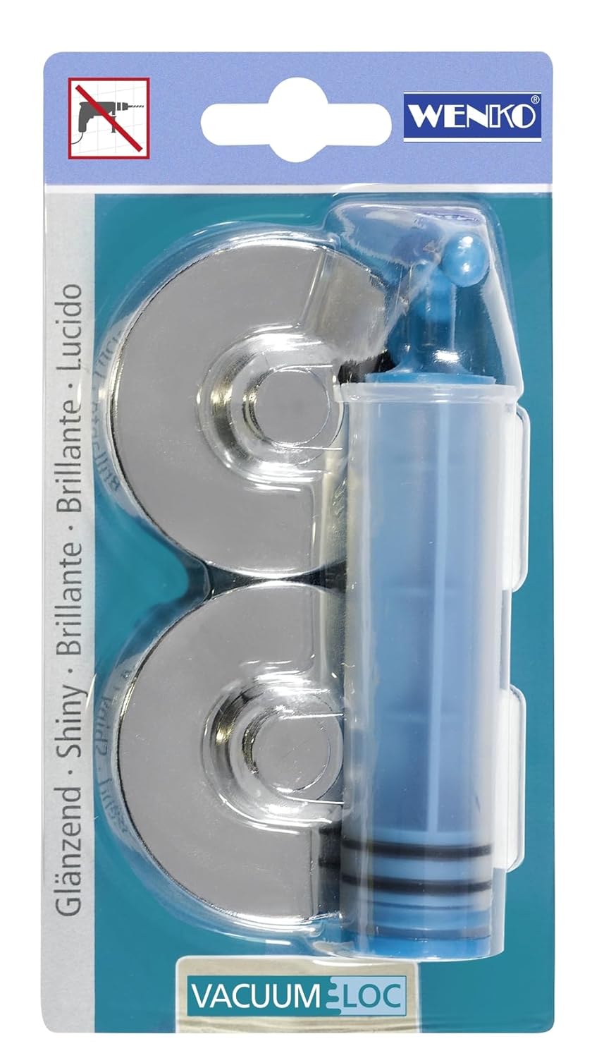 Wenko Vacuum-Loc® Adapter, Set of 2, mounting Without Drilling, incl. Pump, Unique Suction System, Easy and Secure Attachment to the wall, Dimensions (W/DxH) Ø6x2.8cm, Chrome-Plated, up to 33kgs