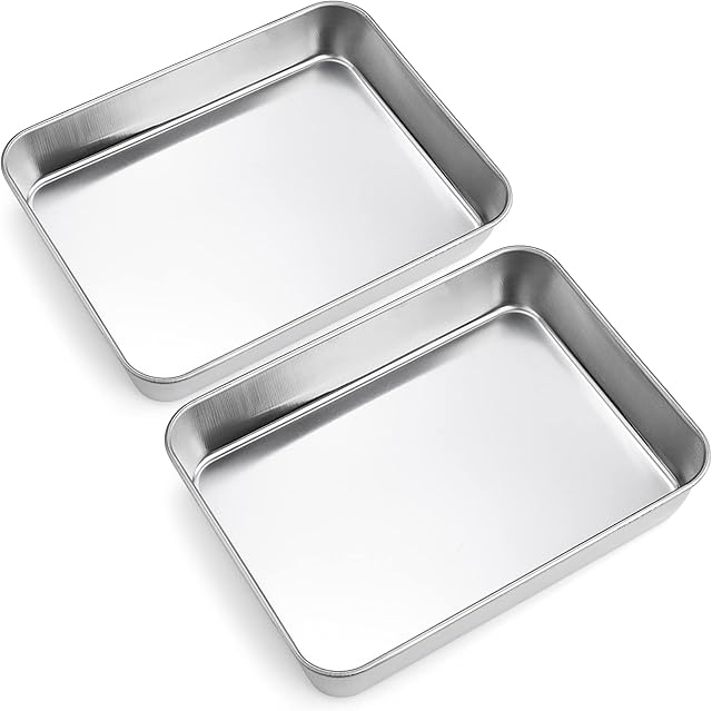 Small Baking Tray Set of 2, Joyfair Deep Cake Tins Stainless Steel Baking Sheet Pans, Rectangle bakeware for Cake/Brownie/Lasagna/Casserole, 23x17x5cm, Heavy Duty, Matte Finish& Dishwasher Safe