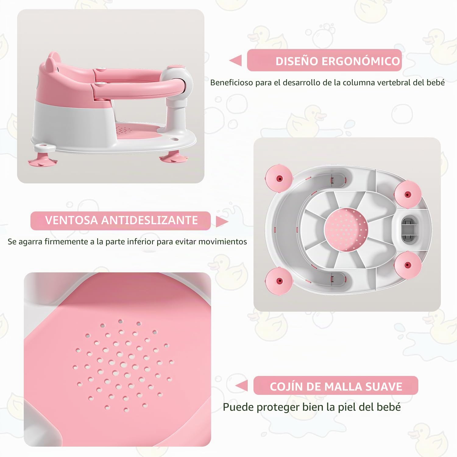 Asiento de Bañera para Bebé a Partir de 6 Meses, Asiento de Baño Antideslizante con 4 Ventosas y Cojín para Recién Nacidos, Silla Bañera Bebe Portátil Segura para la Ducha o la Bañera, Rosa