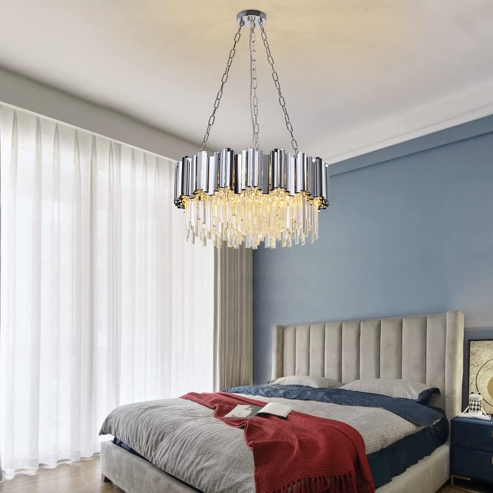 WABON Modern K9 Crystal Pendant Lighting, Round Chrome Crystal Chandelier Contemporary Luxury Pendant Ceiling Lighting Fixture for Dining Living Room Kitchen Island Bedroom Foyer Hallway