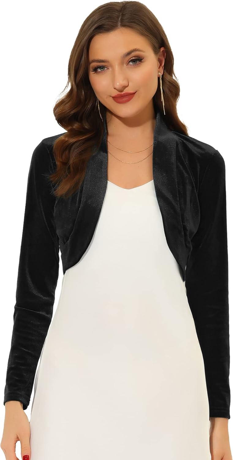 Allegra K Women's Long Sleeve Velvet Shrug Cocktail Party Open Front Cropped Bolero Cardigan Top - Image 4