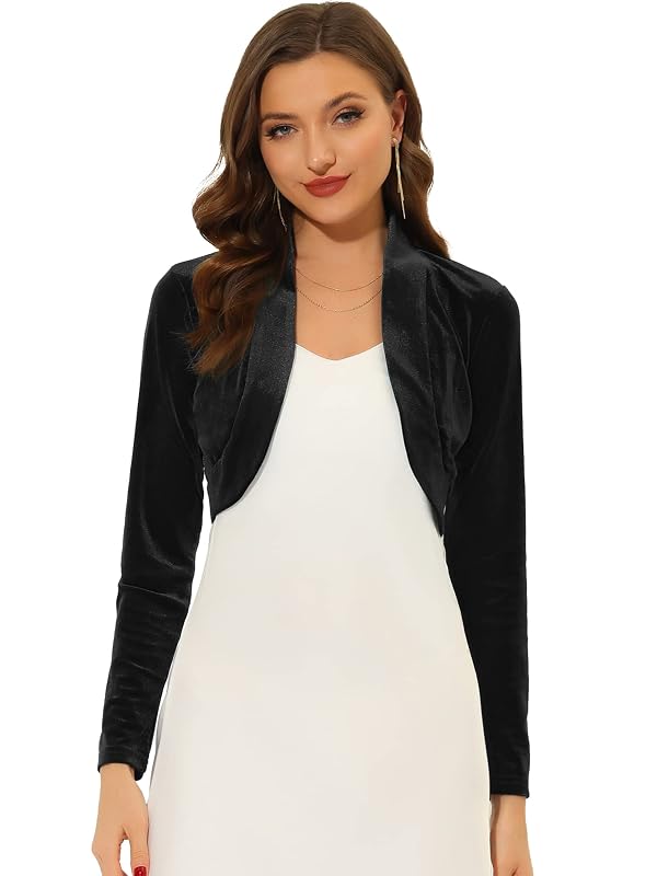 Allegra K Women's Long Sleeve Velvet Shrug Cocktail Party Open Front Cropped Bolero Cardigan Top X-Small Black by Allegra K - Image 7