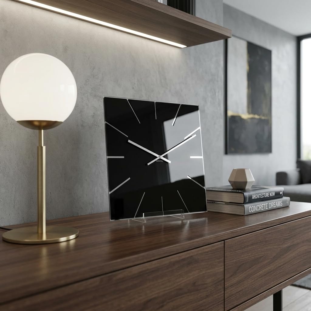 FLEXISTYLE Reloj de Pared Grande Negro Cuadrado Exact 50 cm, sin Ruido de tictac, Cristal acrílico y Espejo acrílico, Moderno salón, Dormitorio, baño