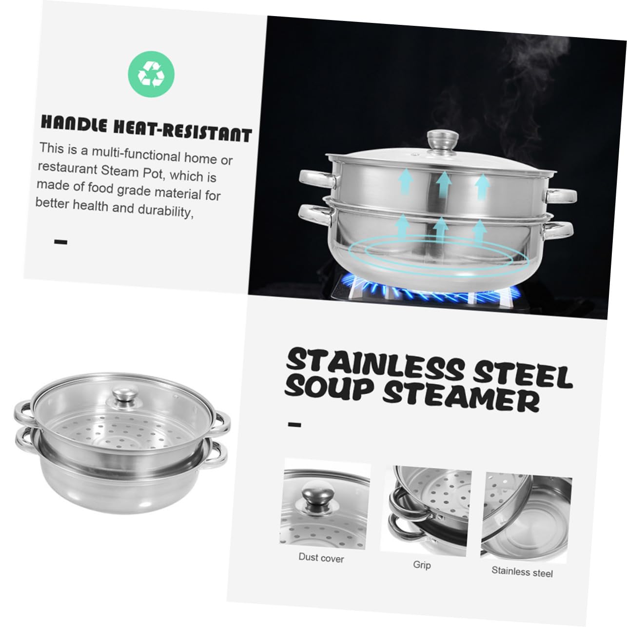 Vaporera de Acero Inoxidable Doble Capa, Olla de Vapor para Cocina 4 Asas, 30 Cm de Capacidad