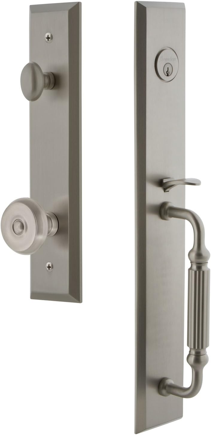 Grandeur 845872 Hardware Fifth Avenue One-Piece Handleset with F Grip and Bouton Knob, Backset Size-2.75", Vintage Brass