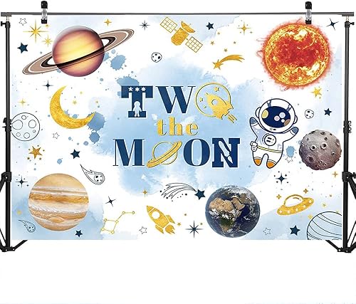 Miniatura 3 de Mocsicka Telón de fondo con texto en inglés Two The Moon para fiesta de segundo cumpleaños, espacio exterior, decoración de fondo del espacio