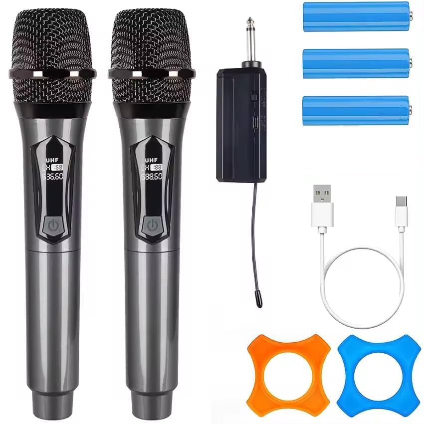 kh dual portable handheld dynamic karaoke mic set with rechargeable receiver, cordless karaoke system for pa system, speaker, amplifier, family party, singing, meeting, 160 ft range
