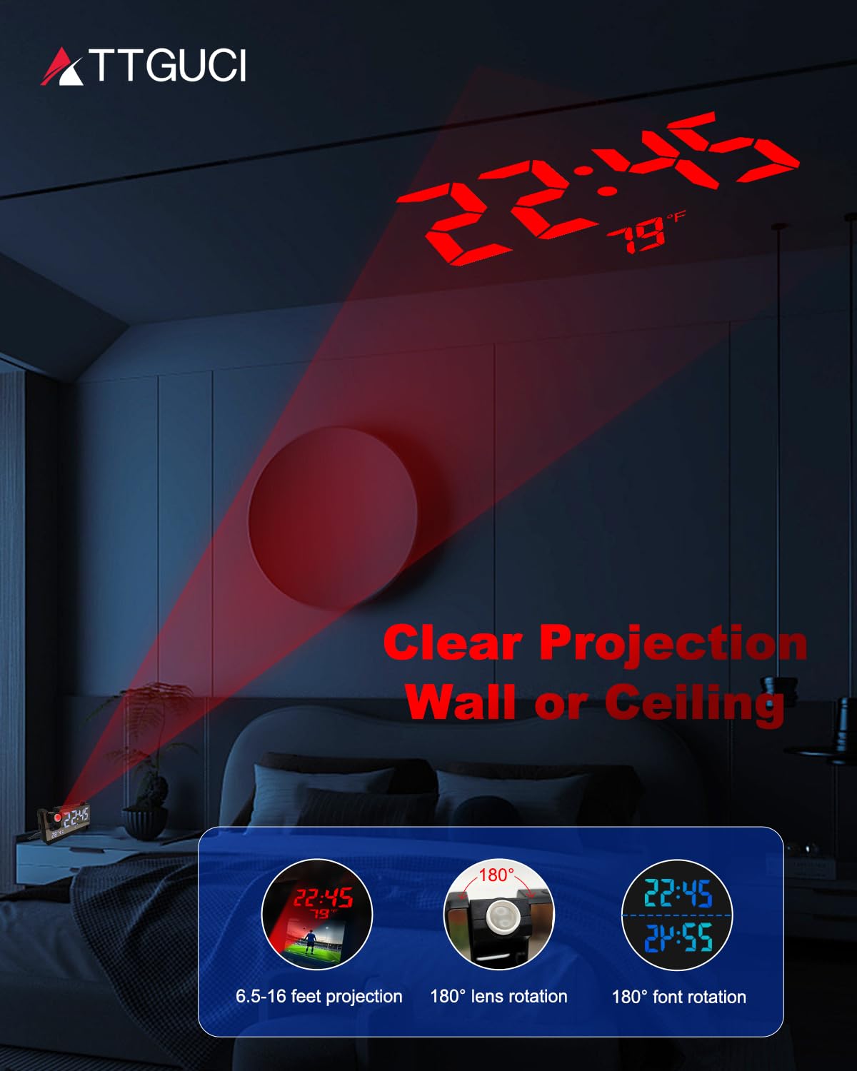 Réveil Numérique Projecteur Miroir Avec Radio FM - Double Alarme, Rotation 180°, USB - Noir Élégant Radio Reveil Projection Plafond