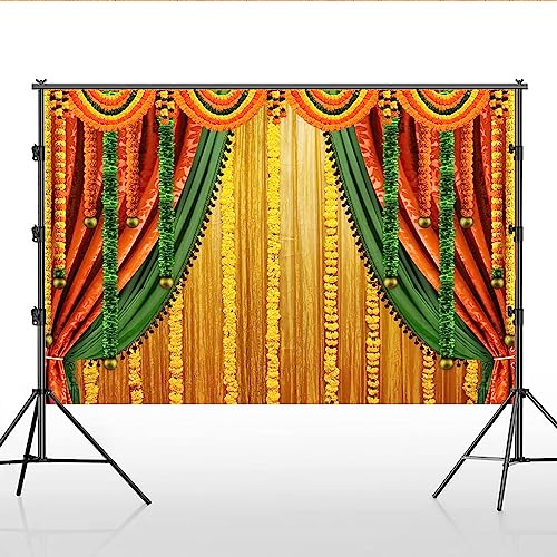 Image of Lofaris India Pooja Photography Backdrop Puja Ganpati Pooja Traditional Mehndi Festival Background Decorations Wedding Party Marigold Garlands Photo Props 9x6ft