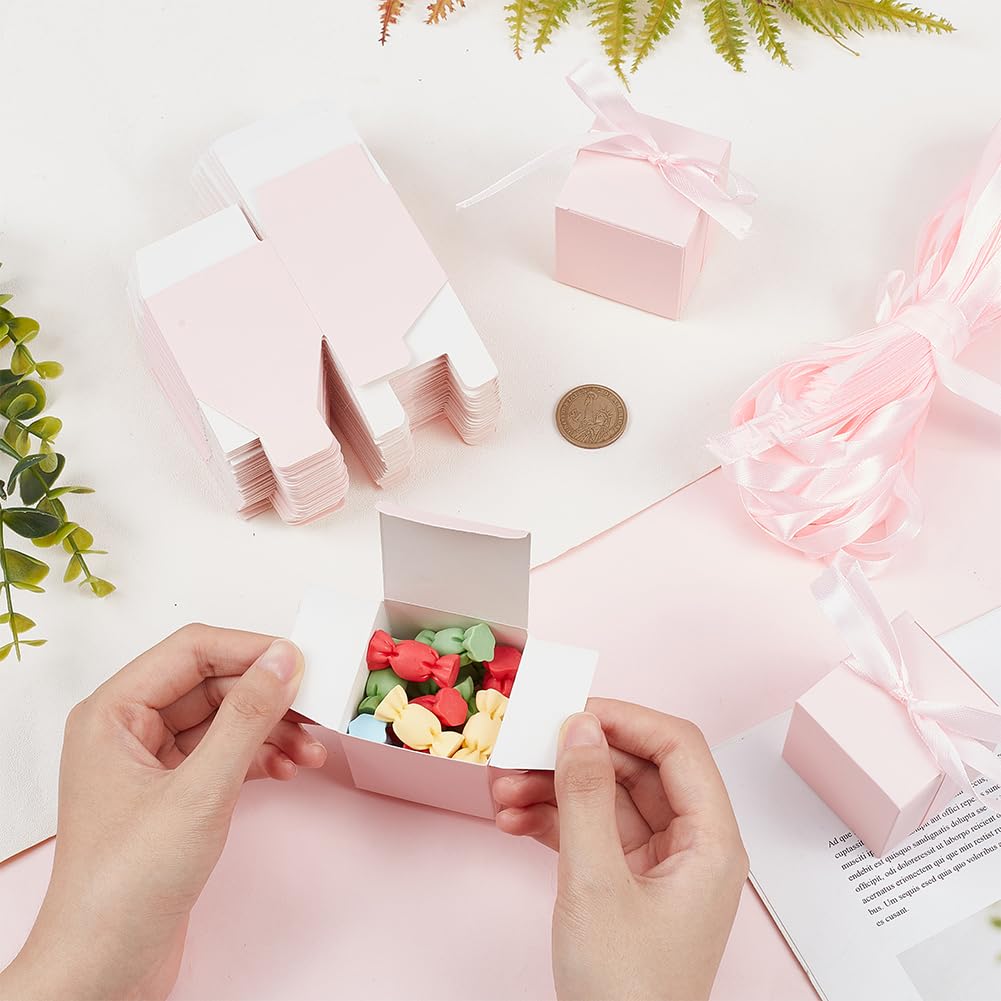 50 Boîtes Cadeaux Kraft 5x5x5 Cm Avec Couvercle - Pliables, Avec Ruban Rose - Pour Friandises, Bijoux, Mariage