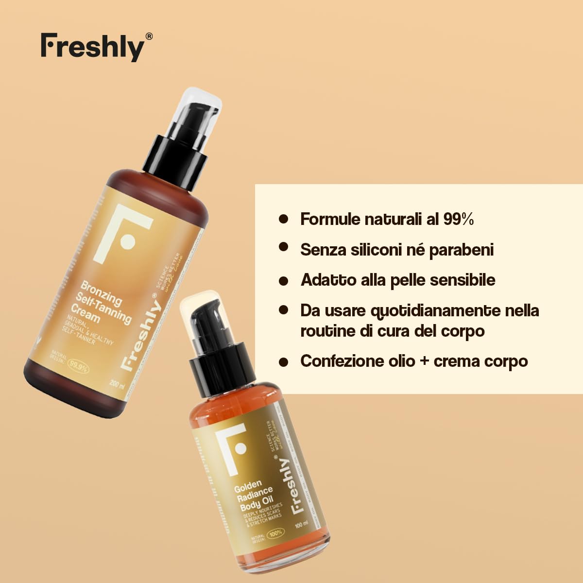 Freshly Cosmetics | Golden Bronze Body Pack | Autoabbronzante Corpo e Olio Nutriente | Pack Olio + Crema 100ml + 200ml | Abbronzatura Naturale Progressiva per Pelle Luminosa