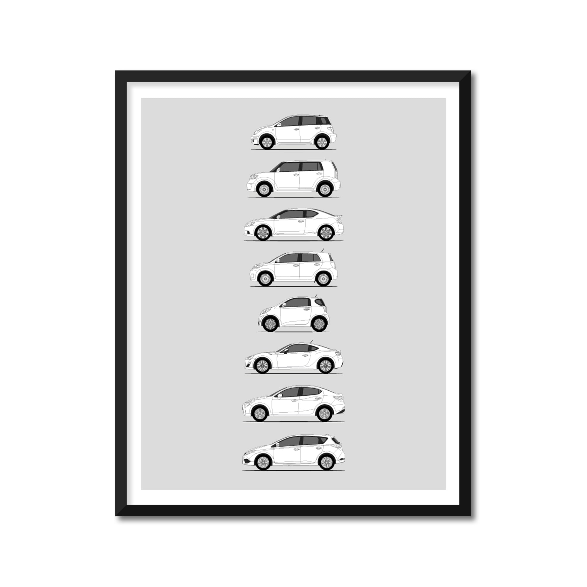 Custom Car Posters Handmade Poster compatible with History of Toyota Scion Print Wall Art Decor of Scion xA xB tC xD iQ FR-S iA iM Generations History Evolution - (20 x 30 cm) (Unframed) Lustre Print