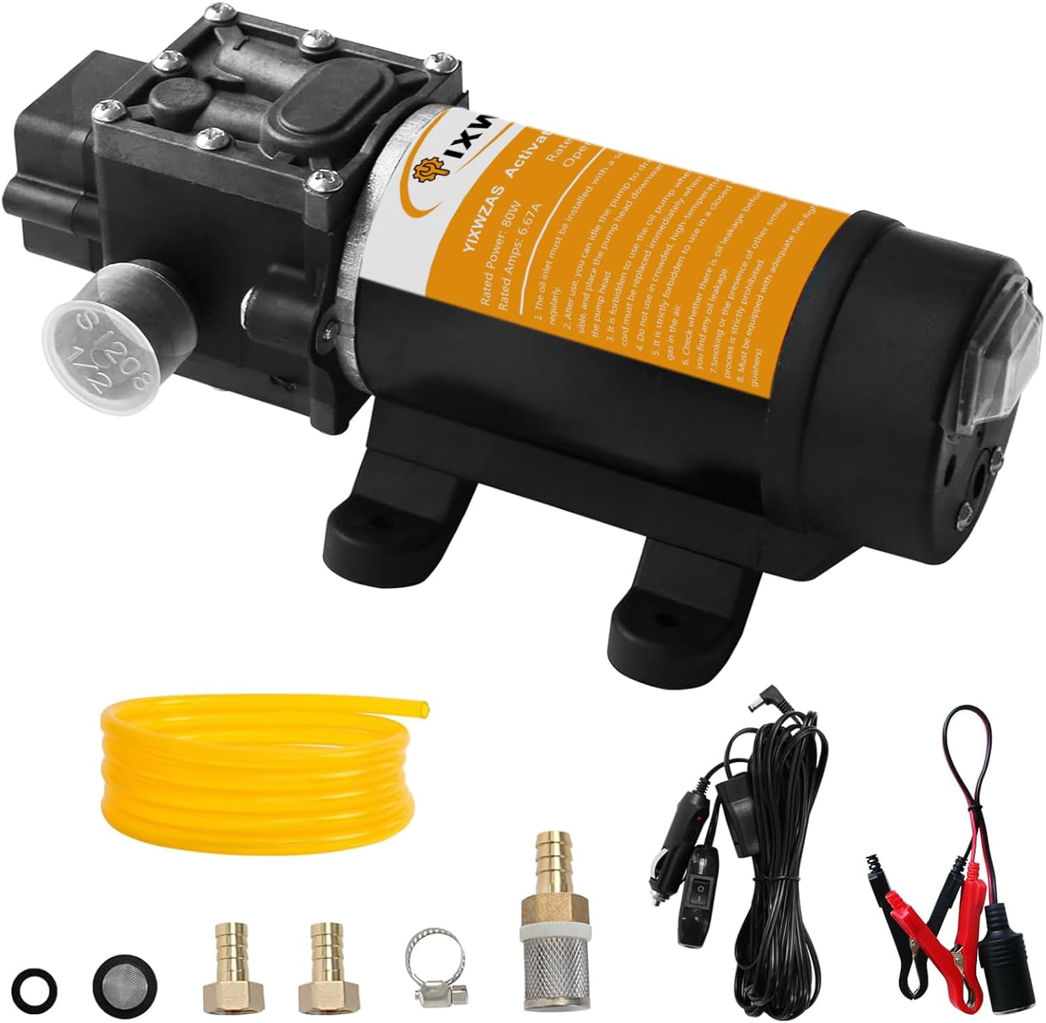 12V Heavy Duty Fuel Transfer Pump Set - 120GPH Max Flow - 80W DC Motor Gas/Diesel Transfer Pump with Hose - Black Metal, Stainless Steel - For Trucks Boats Tractors RV Marine Equipment