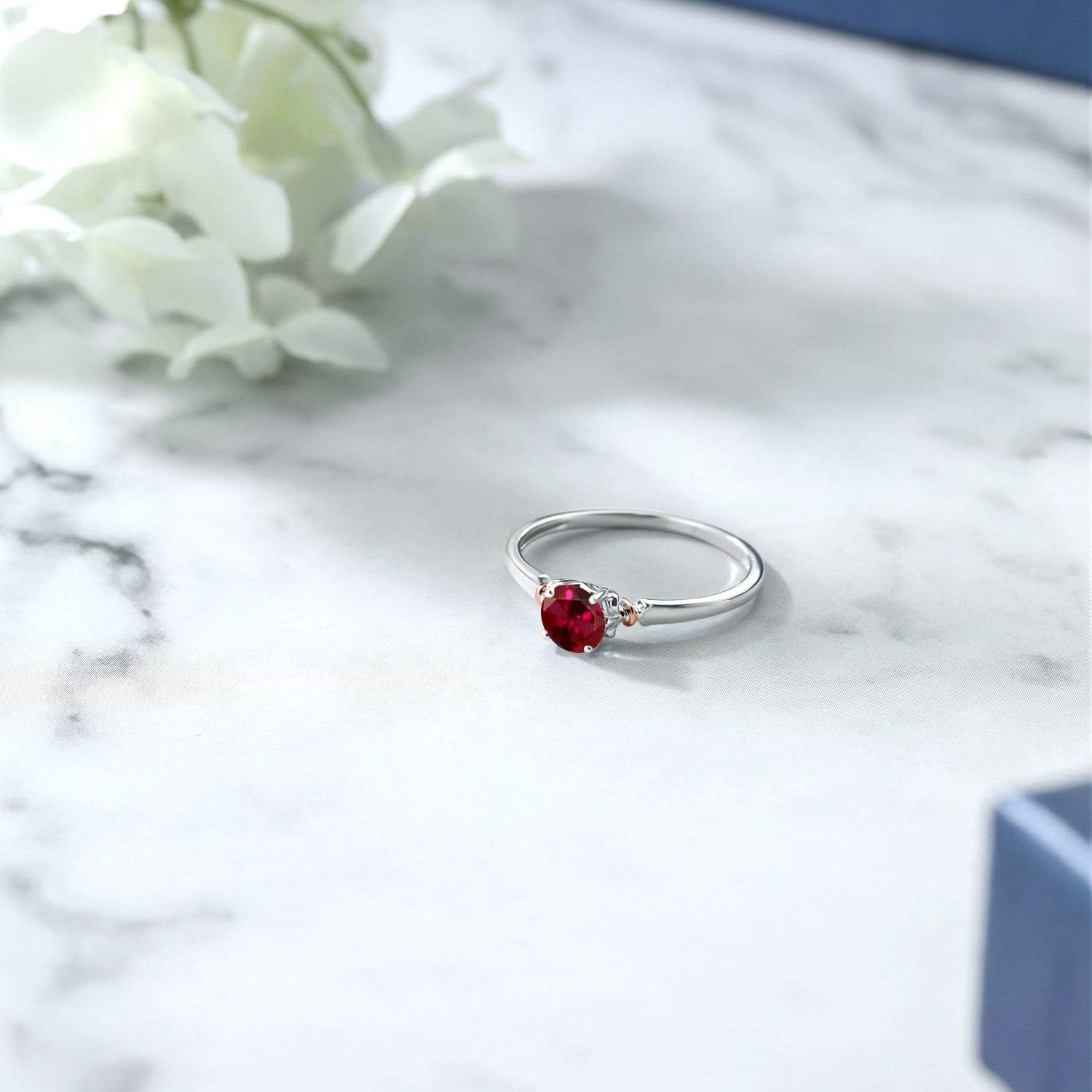 Gem Stone King 925 Sterling Silver and 10K Rose Gold 5MM Round Gemstone Birthstone Solitaire Engagement Ring | Wedding Anniversary Promise Ring For Women | Available In Size 5, 6, 7, 8, 9