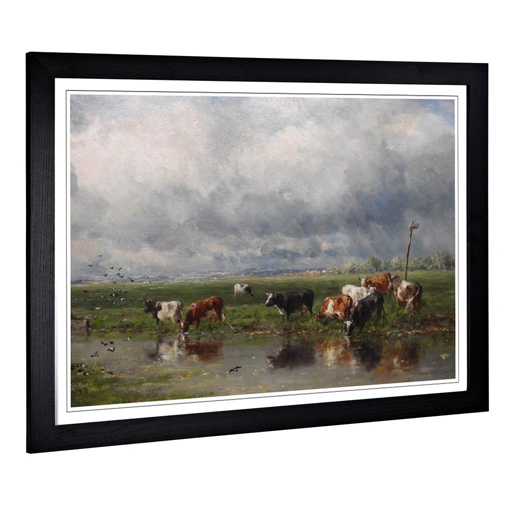 Big Box Art Framed Print of Willem Roelofs Cows Design | Wall Art Picture | Home Decor for Kitchen, Living, Dining Room, Lounge, Bedroom, Hallway, Office, Black, A2 / 24.5x18 Inch / 62x45cm