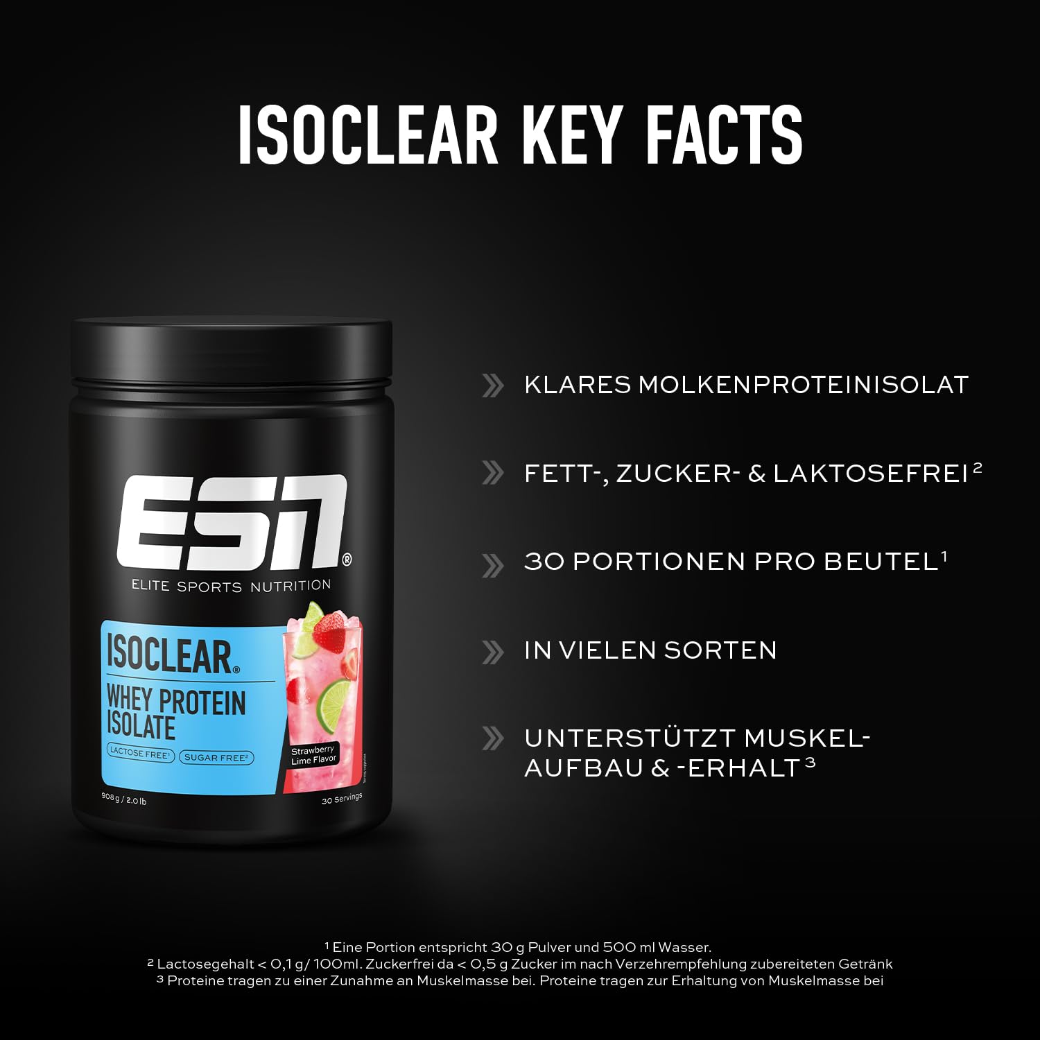 ESN ISOCLEAR Whey Isolate Protein Pulver, Strawberry Lime, 908 g | Proteinlimo mit fruchtig leckerem Geschmack, clear Whey - made in Germany