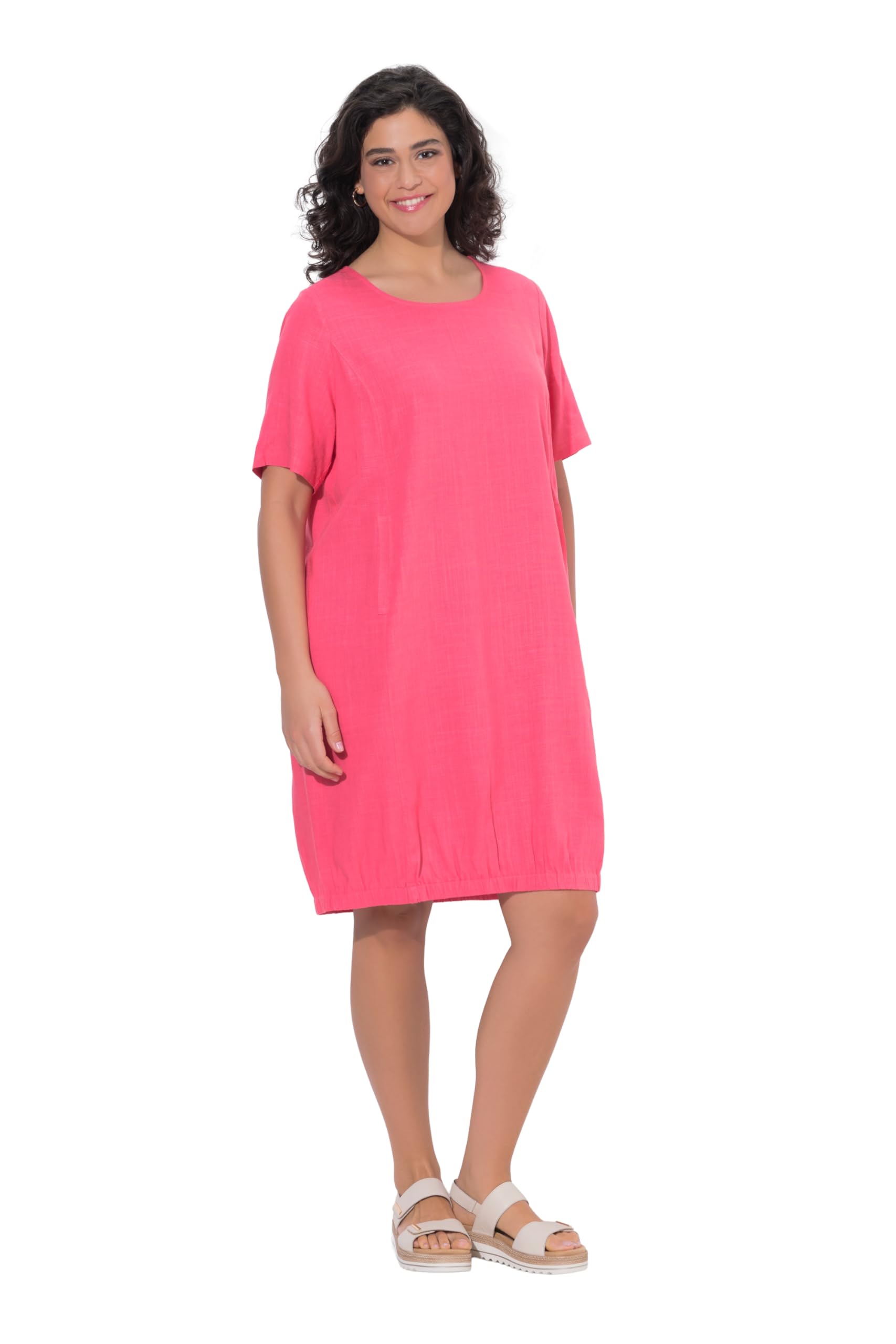 Ulla Popken Damen große Größen Übergrößen Plus Size Leinenmix-Kleid, A-Linie, Rundhals, Halbarm, Taschen 848358