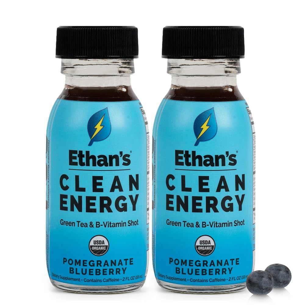 Ethan's Organic Clean Energy Shots Pomegranate Blueberry, 2 Pack of 2oz | 150mg Caffeine | Green Tea, Guayusa, Lion's Mane &amp; Cordyceps | Sugar-Free, Vegan, Gluten-Free, USDA Organic