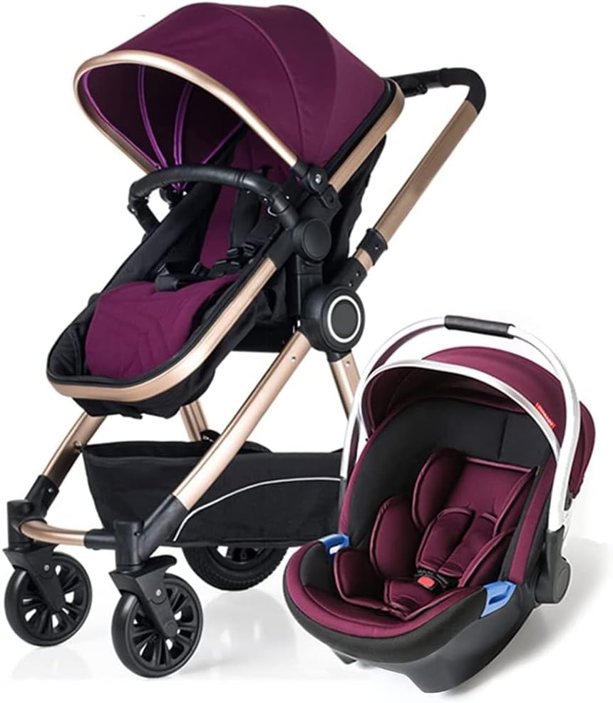KTOL Luxury 3 in 1 Infant Pram Baby Strollers Travel System Stroller for Infant and Toddler,True Bassinet Mode with Reversible Seat,High Landscape View Pram Pushchair Buggy (Color : Purple)