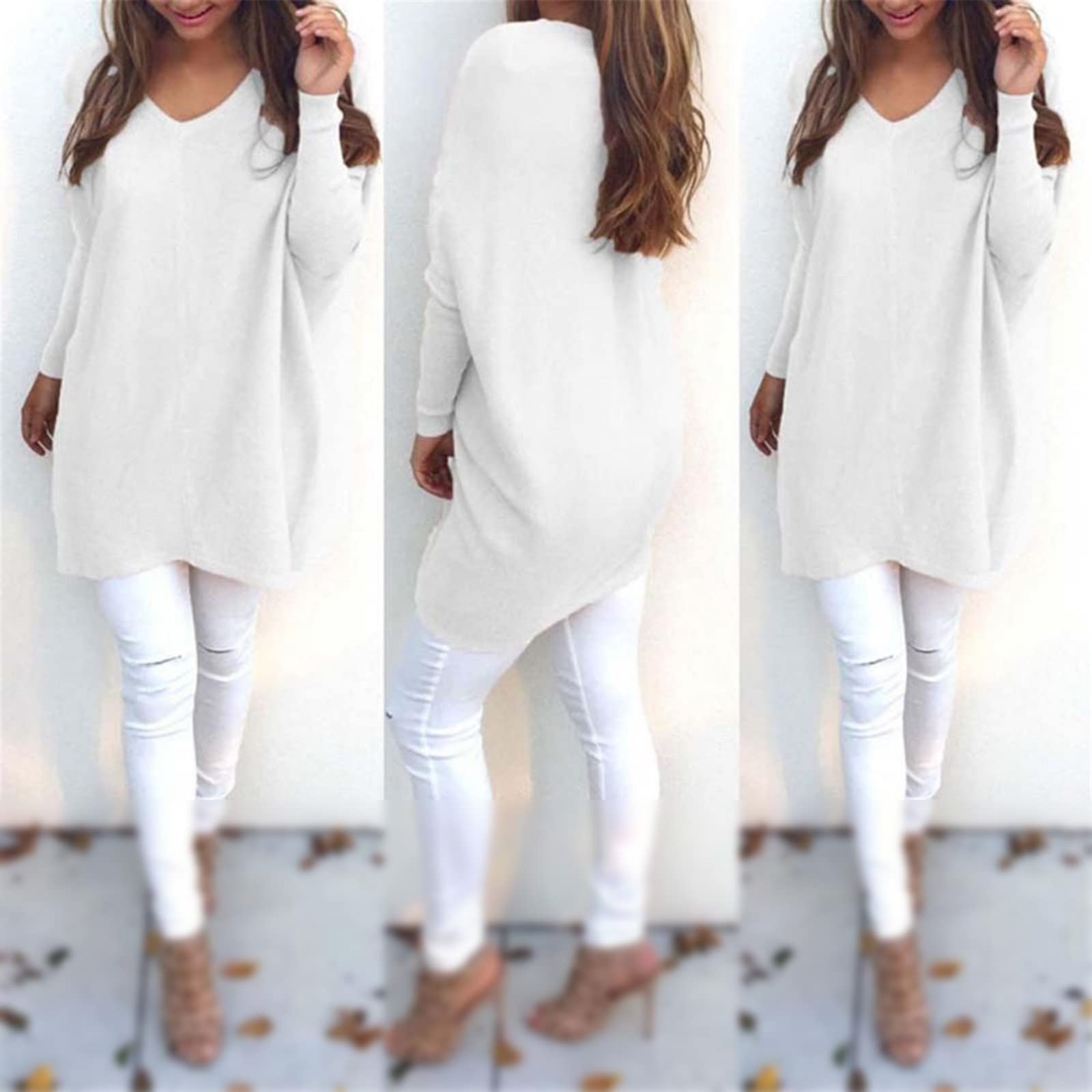 Kelsiop Damen Pullover Casual Langarm V-Ausschnitt Lose Strickpullover Top Pullover Mode Lose Shirt