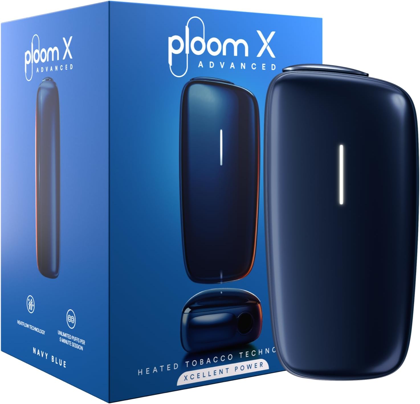 Ploom X Advanced Starter Kit - Heated Tobacco Device with HeatFlow Technology - Up to 20 Uses Per Charge, Navy (Without Sticks/Cartridges)
