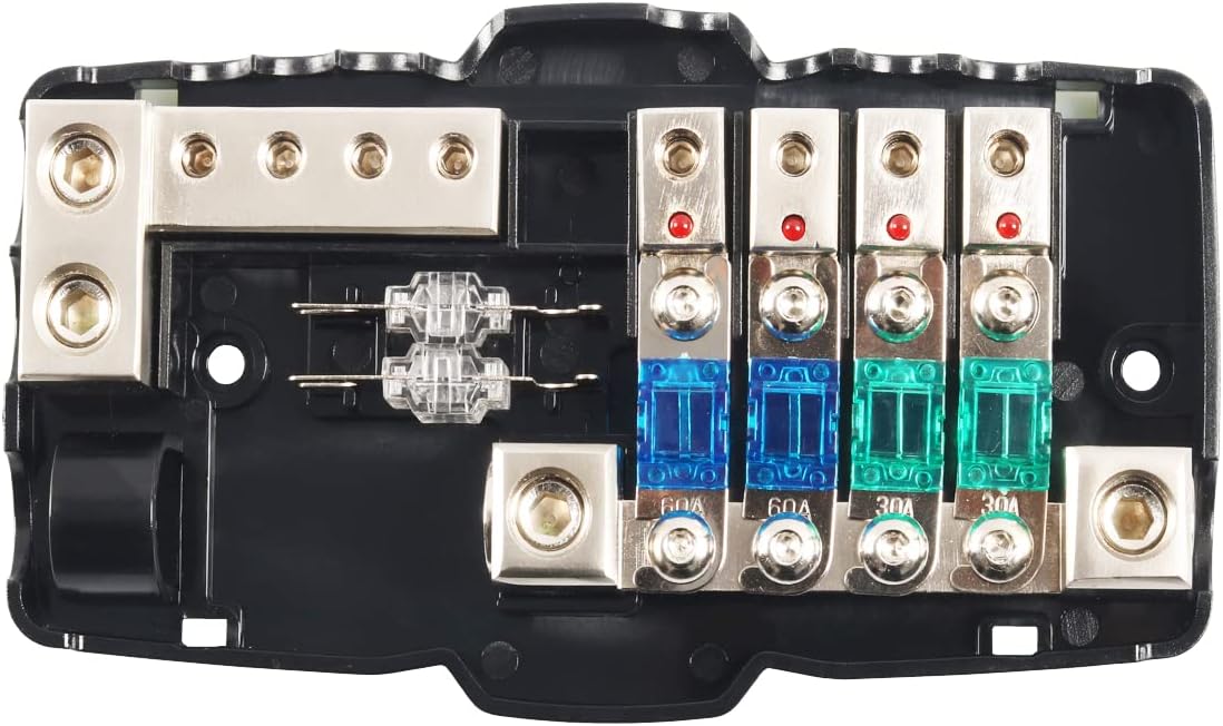Camper Car Audio Distribution Fuse Block with Ground Mini ANL Fuse Box Distribution Block 0/4ga 4 Way Fuses Holder 30A 60A 80Amp Red LED Indicator
