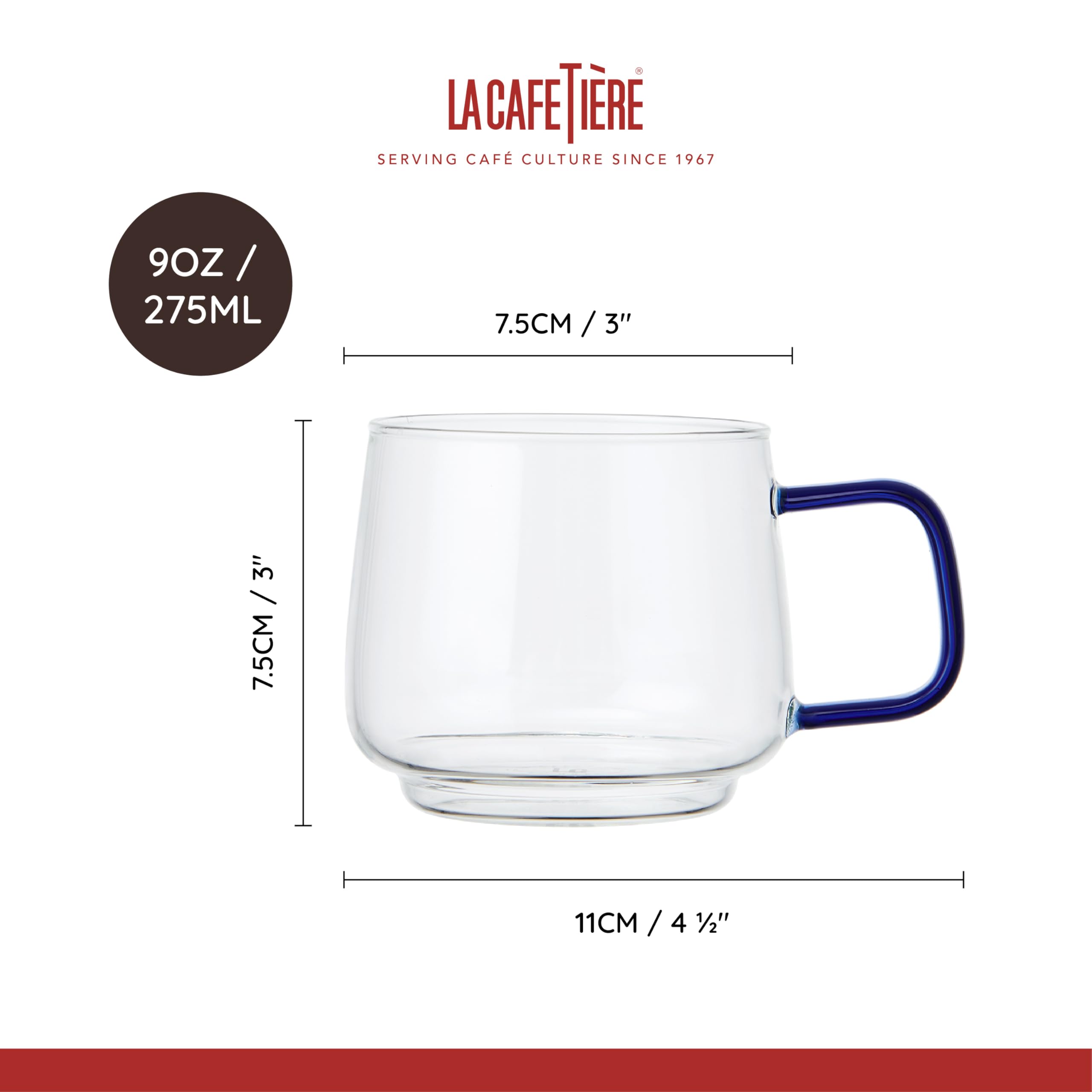 La Cafetière, Szklany Kubek La Cafetière Z Niebieskim Szklanym Uchwytem, Stylowe Kubki Do Herbaty, Kawy I Gorącej Czekolady, Wykonane Z Żaroodpornego Szkła